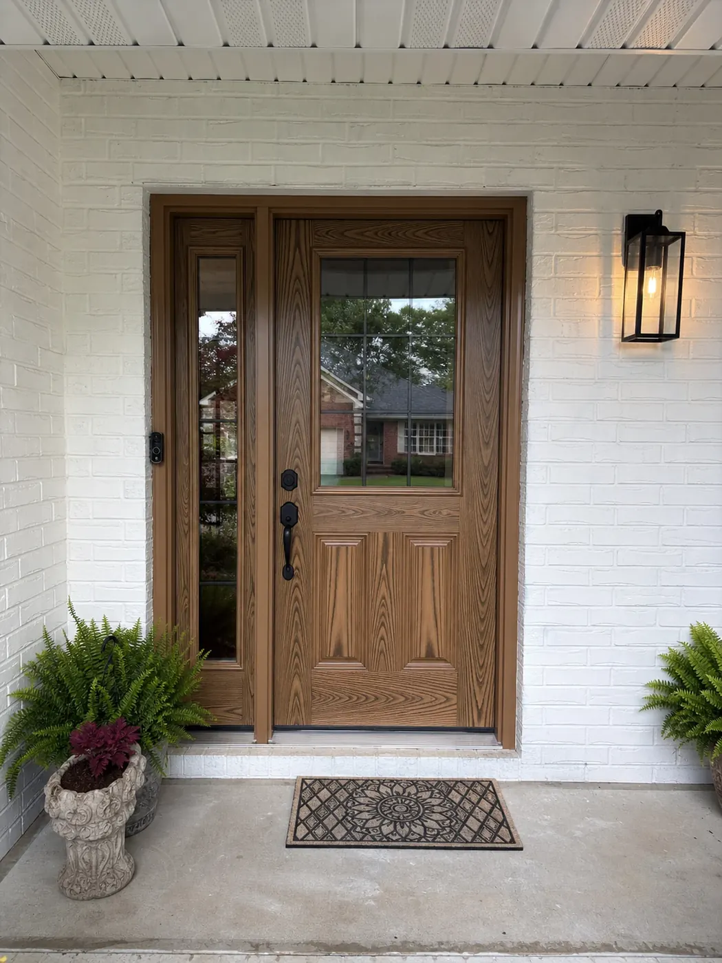 After: updated wood grain, glass, and trim give the entry a more polished finish.